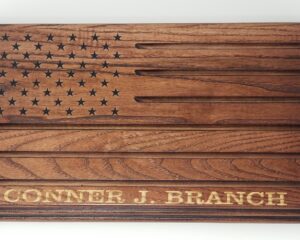 Custom laser engraved American flag wooden plaque with personalized name