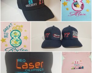 Preview of Pro Laser Graphics embroidery gallery showcasing custom embroidered caps and kids clothing